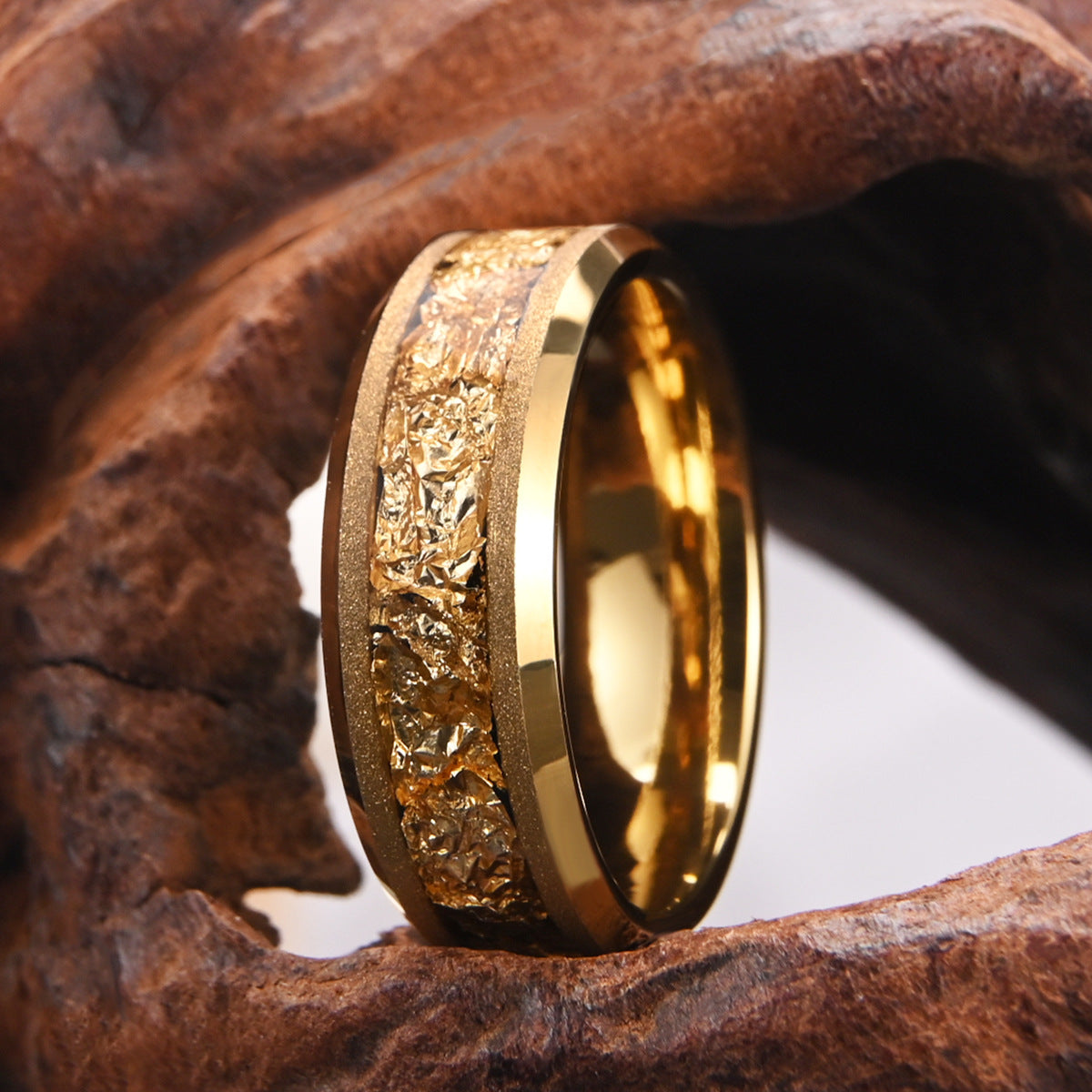 8mm Tungsten Carbide Gold Flake Inlay Ring - gold tone, textured view 4