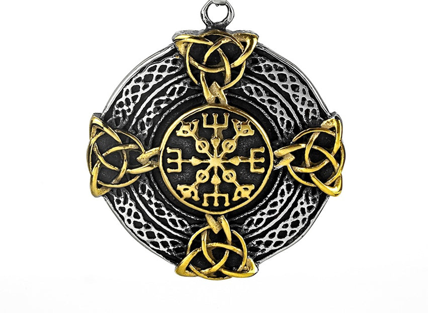 Stainless Steel Viking Compass Pendant Necklace with chain on dark rock view 4