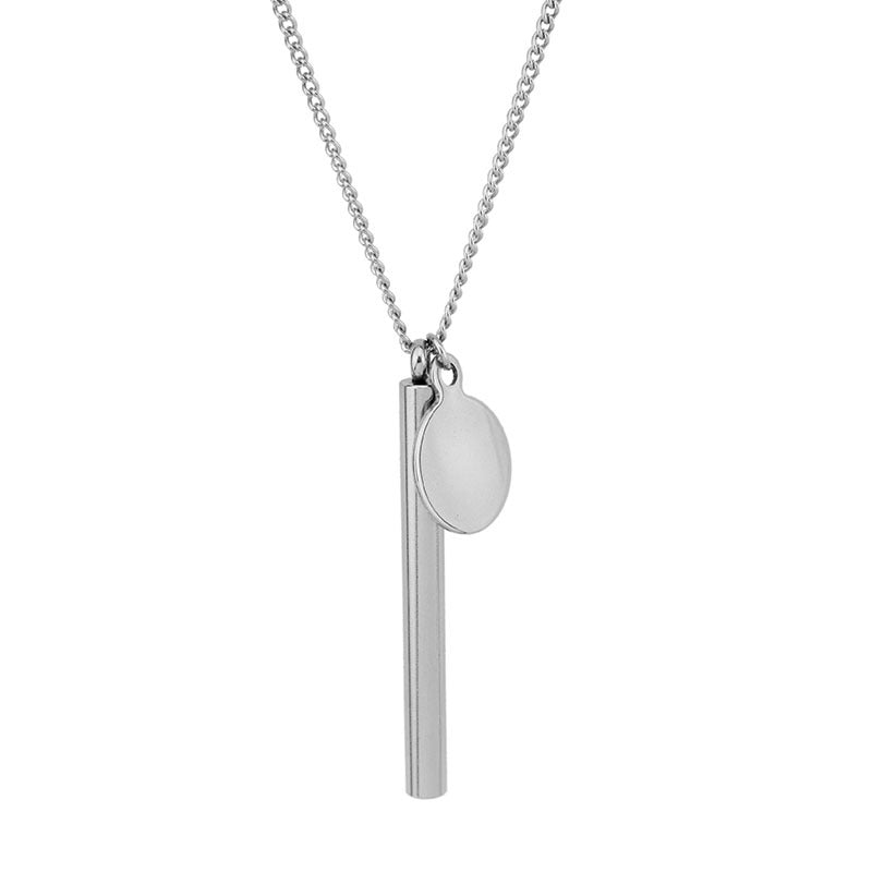 Stainless Steel Bar Disc Pendant Necklace on a black background view 2