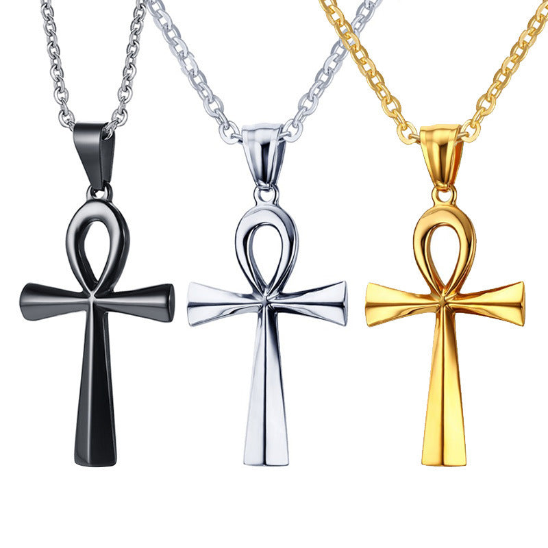Titanium Steel Ankh Cross Pendant Necklace silver finish on black background view 3
