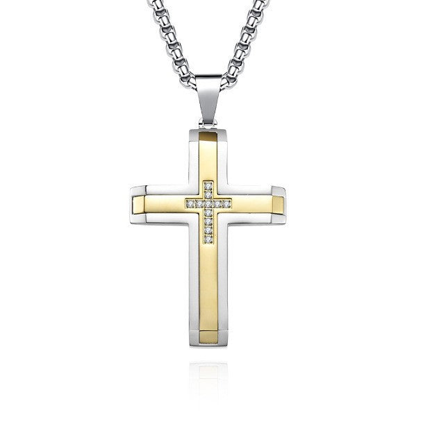 Two-Tone Inlaid Cross Pendant Necklace Black Silver finish view 7