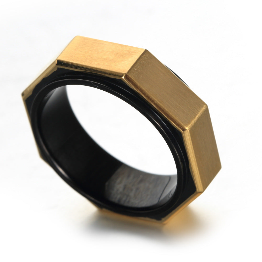 Octagon Stainless Steel Ring black gold-tone