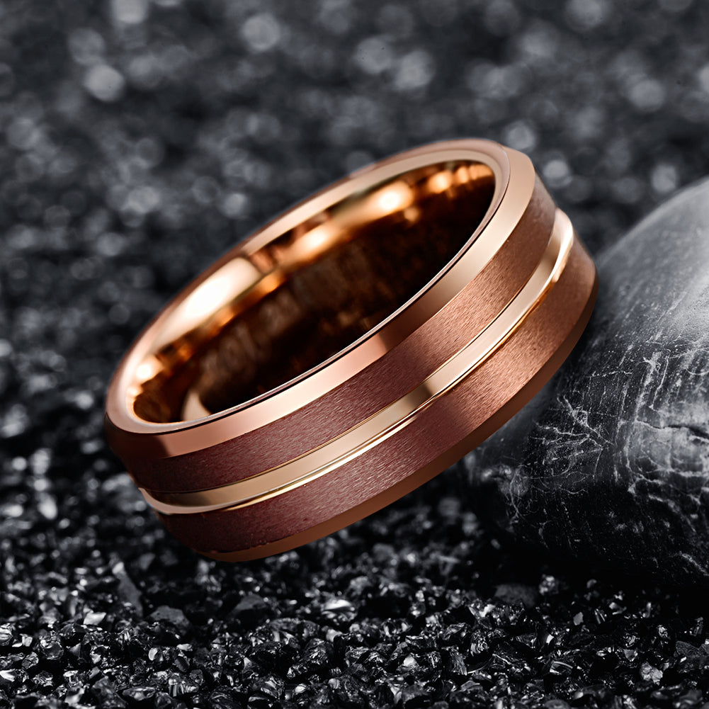 Rose Gold Brushed Groove Tungsten Ring - men's band view 3