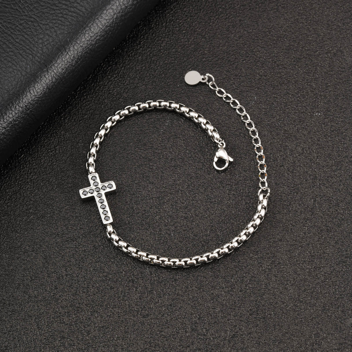 Stainless Steel Rolo Chain CZ Cross Bracelet with black stones view 3