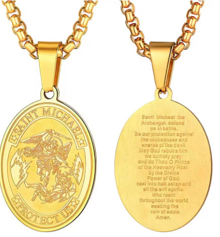 Saint Michael Oval Pendant Necklace in gold-tone, silver-tone, and black finishes view 5