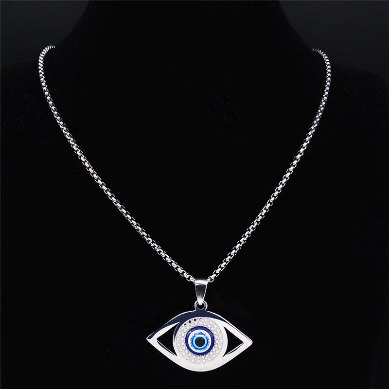 Evil Eye Stainless Steel Pendant Necklace silver on black background