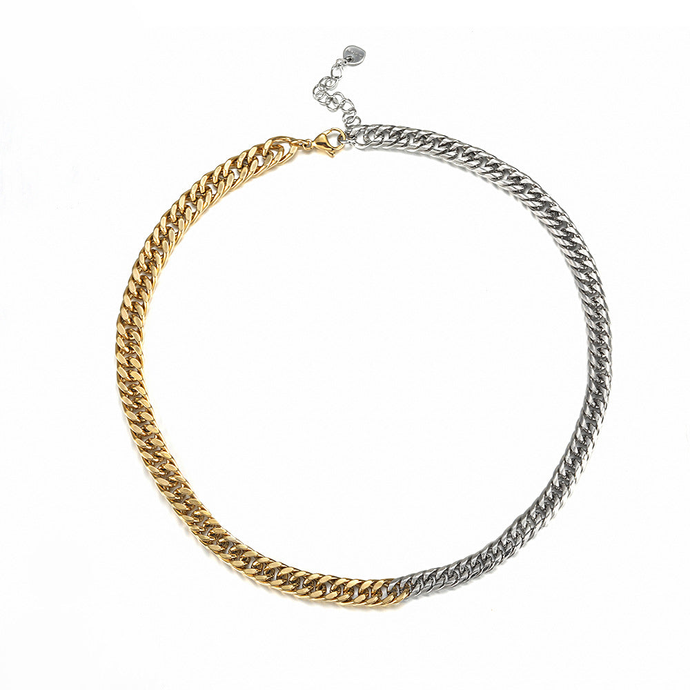 Two-Tone Cuban Link Chain Necklace, gold and silver, stainless steel