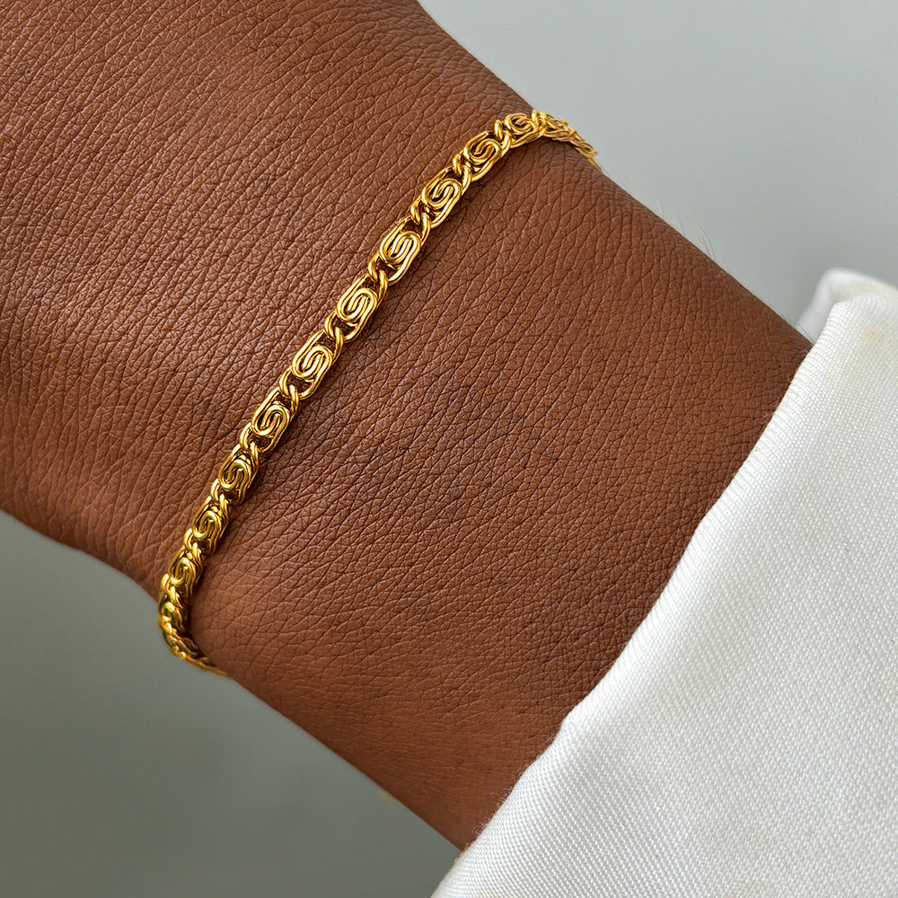 Stainless Steel Scroll Link Bracelet on black background view 2