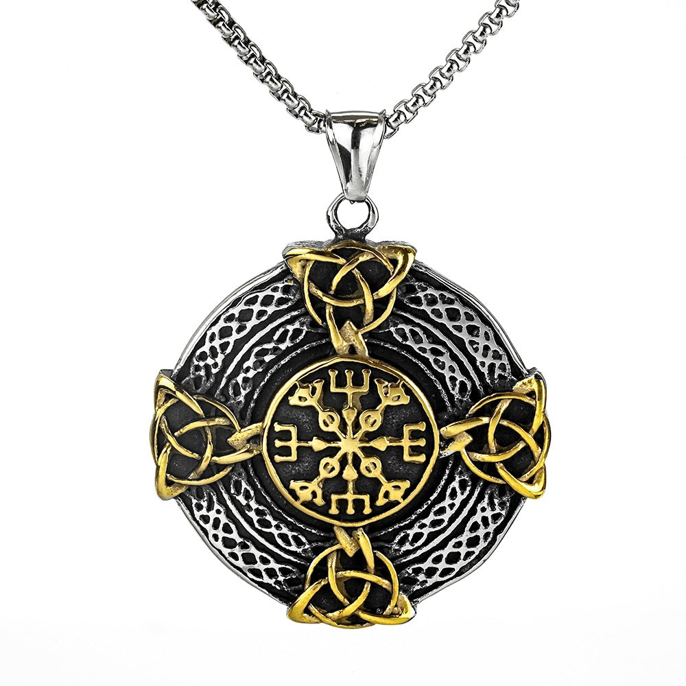 Stainless Steel Viking Compass Pendant Necklace with chain on dark rock view 5