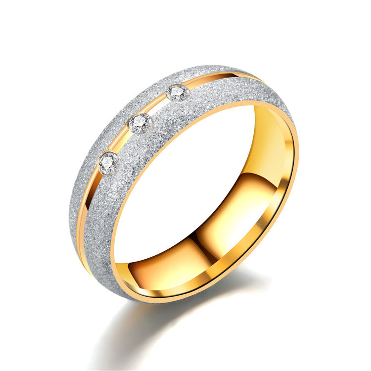 6mm Two-Tone Frosted Titanium Steel Ring with three cubic zirconia stones