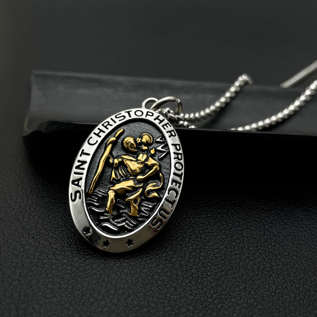 Saint Christopher Oval Pendant Necklace on a chain, silver and gold-tone view 3