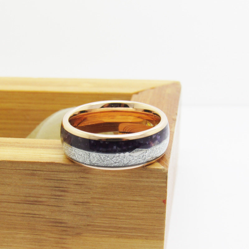 Rose Gold Tungsten Carbide Inlaid Ring with purple lapis lazuli and silver-tone inlay view 3