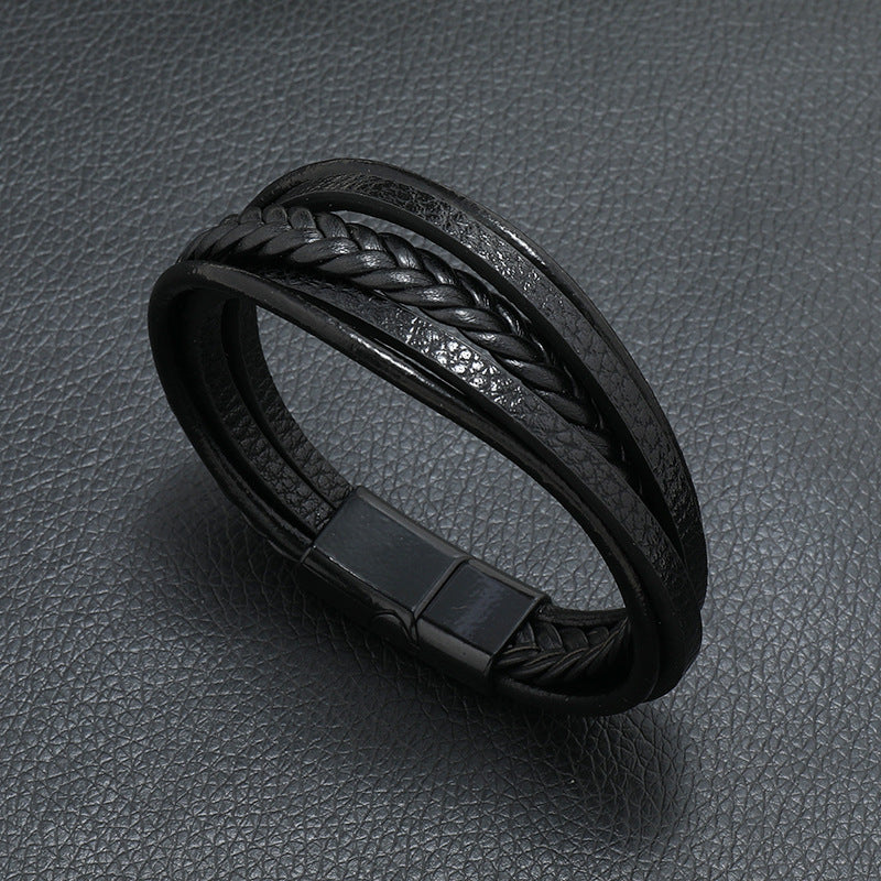Multi-Strand Braided Leather Bracelet black color magnetic clasp view 2