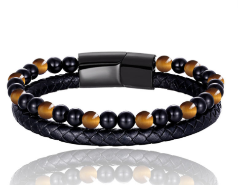 The Double-Strand Leather and Stone Bead Bracelet, view 4