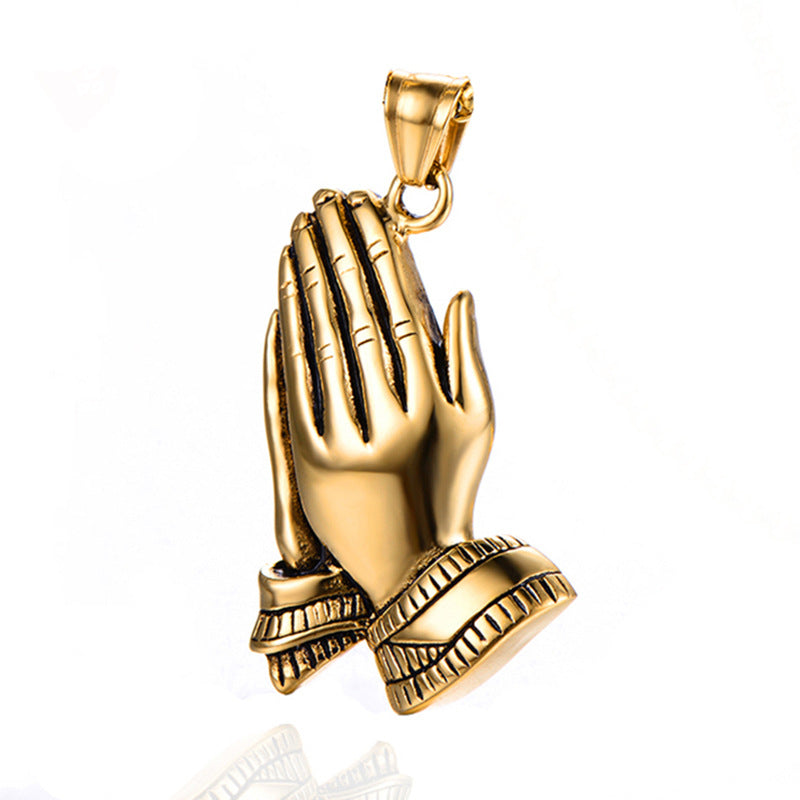 Praying Hands Pendant Necklace, gold-tone, square pearl chain view 2