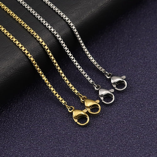 1.5mm Box Chain Necklace in silver and gold-tone finishes with lobster clasps