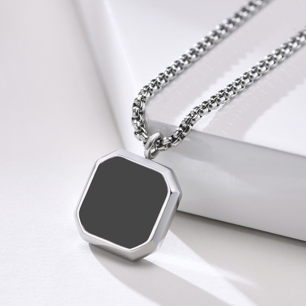 Titanium Steel Geometric Black Pendant Necklace, silver-tone with black center view 5