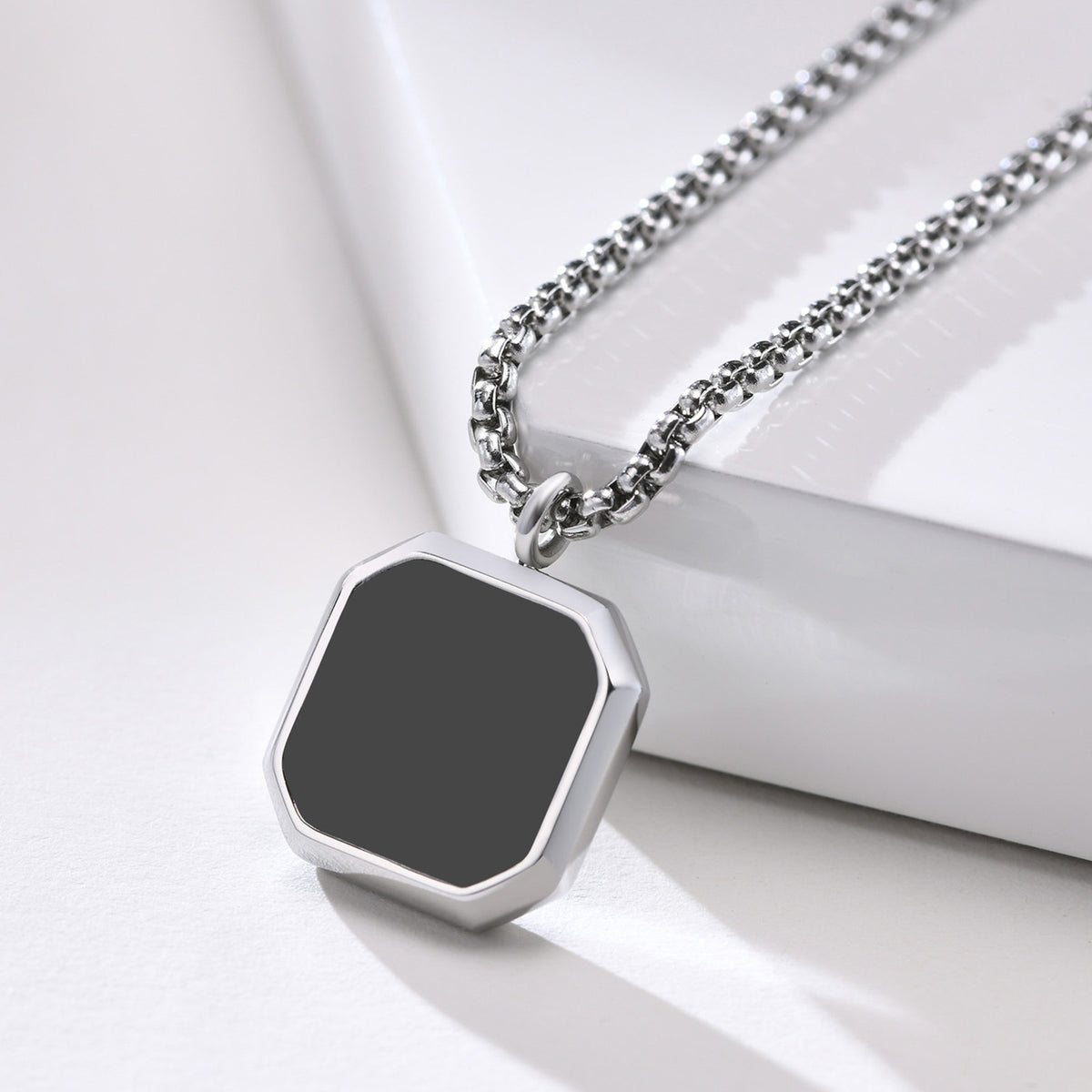 Titanium Steel Geometric Black Pendant Necklace, silver-tone with black center view 5