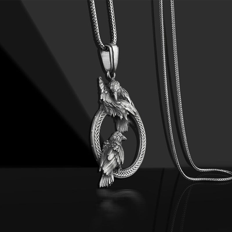 Black Titanium Steel Raven Pendant Necklace with two ravens and knotwork view 2