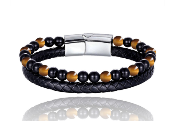 The Double-Strand Leather and Stone Bead Bracelet, view 8
