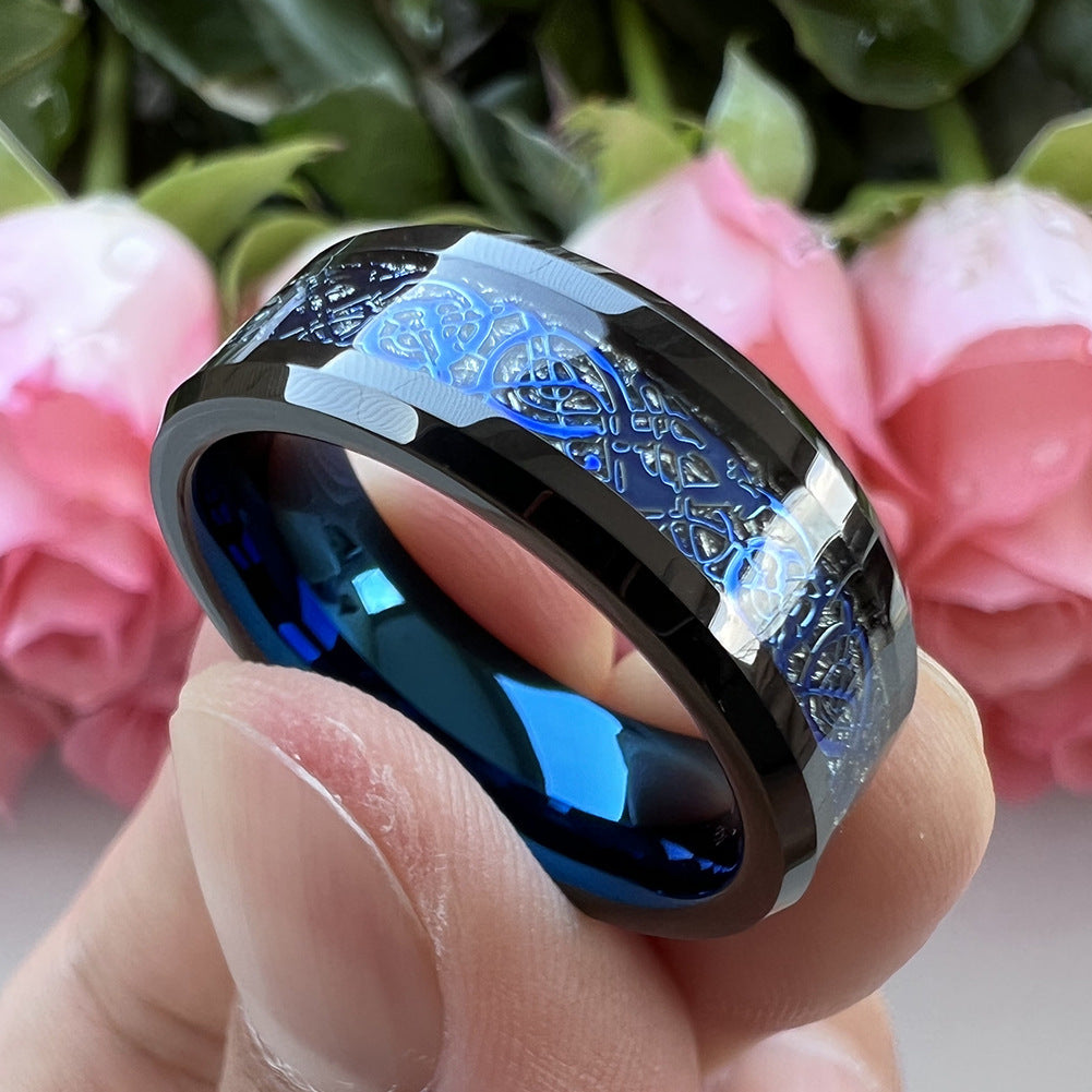 8mm Black Tungsten Carbide Dragon Ring with blue inlay view 4