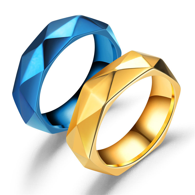 Diamond Cut Stainless Steel Ring in gold-tone and blue finishes
