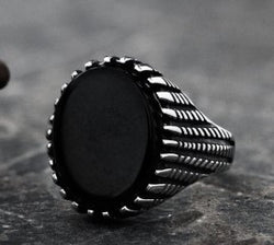 Stainless Steel Textured Band Signet Ring with black gemstone inlay view 2