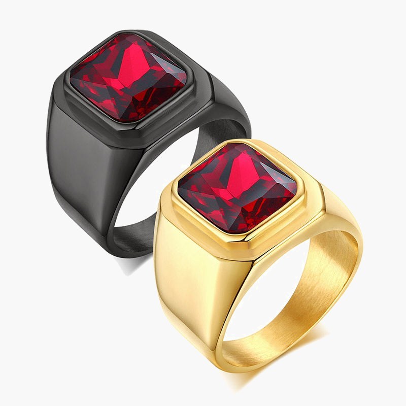 Geometric Red Gemstone Stainless Steel Ring - gold and black rings