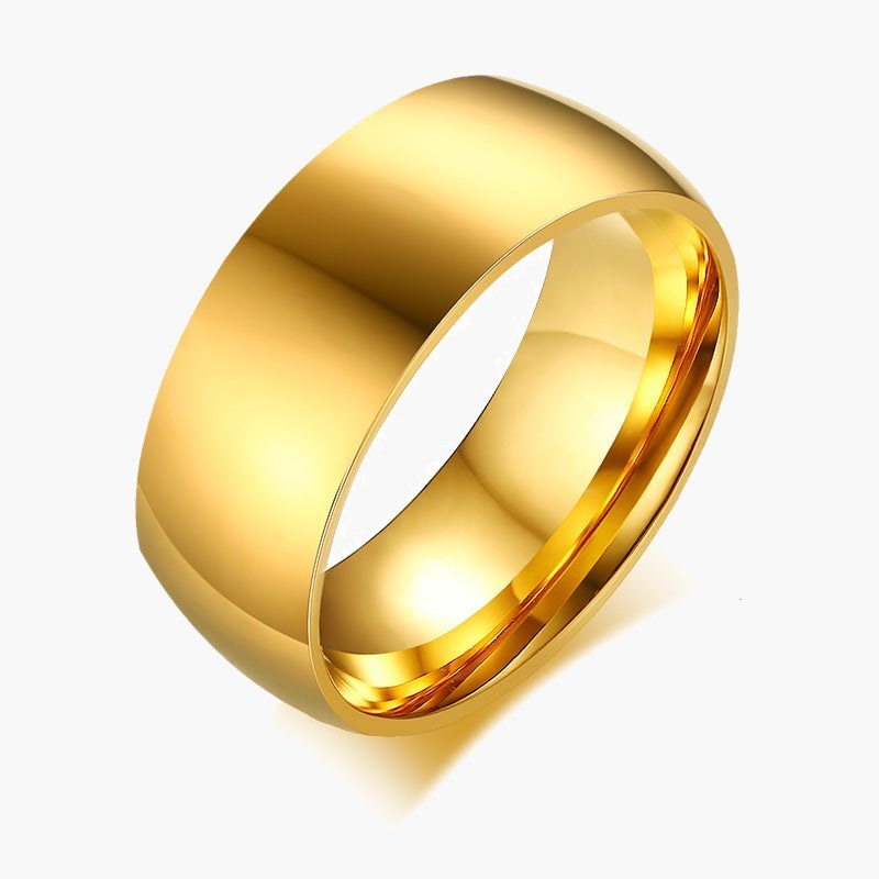 Gold-Tone Domed Stainless Steel Band Ring on black surface view 5