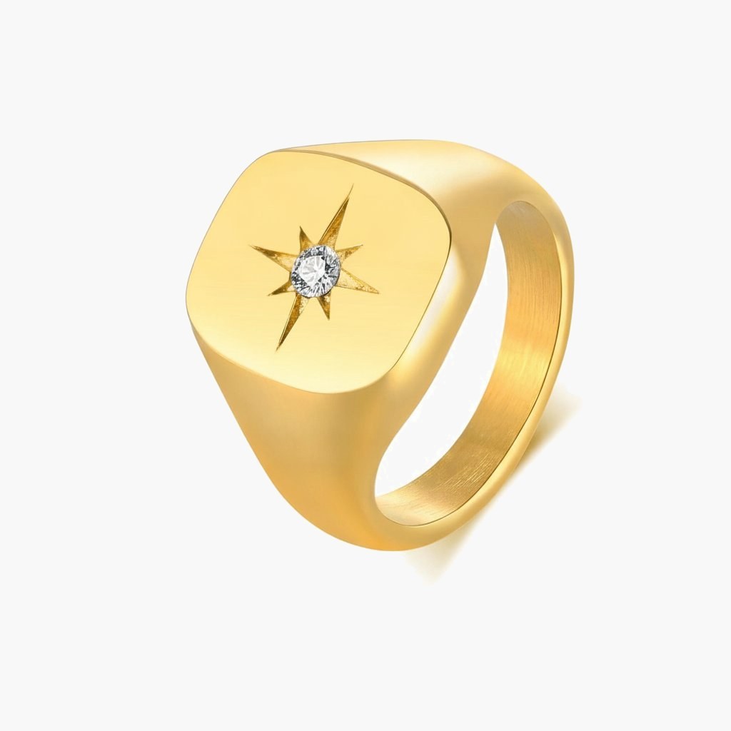 Gold-Tone Star Signet Ring, square face, starburst design view 3
