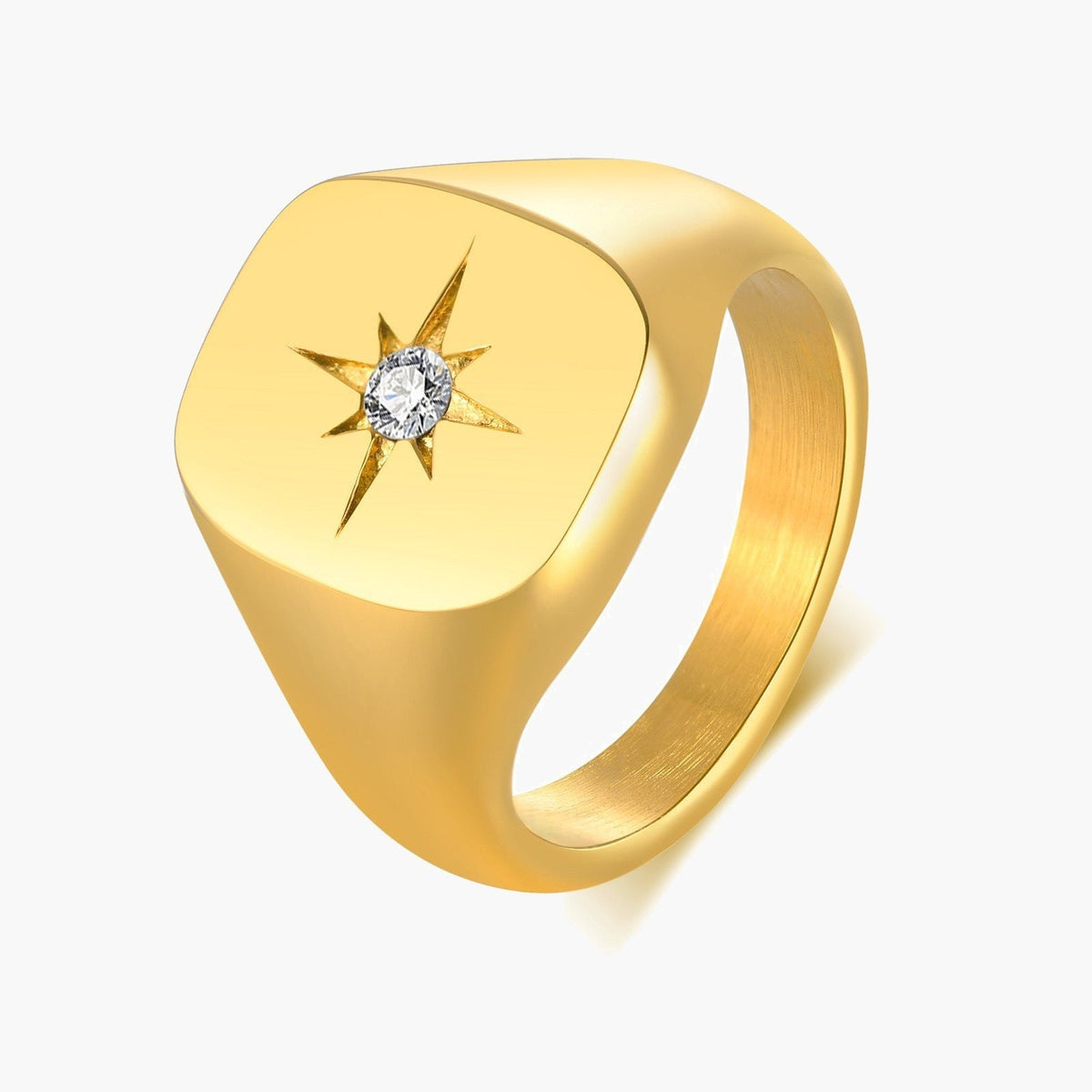 Gold-Tone Star Signet Ring, square face, starburst design view 2