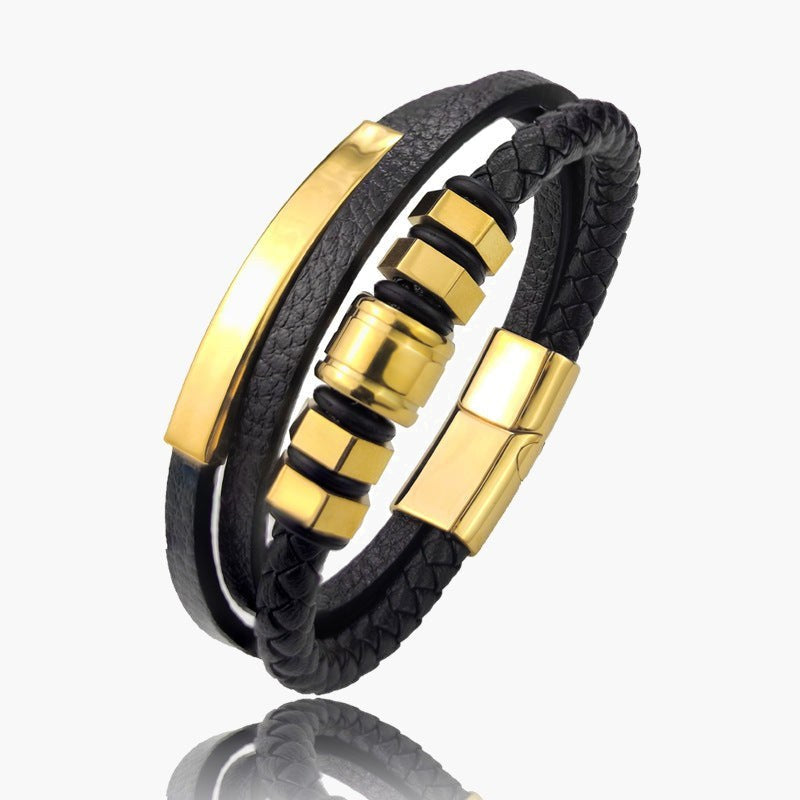 Hexagon Leather Cord Bracelet with gold-tone finish