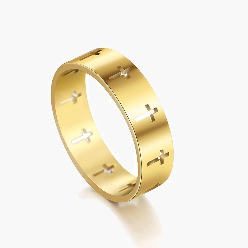 Hollow Cross Stainless Steel Band Ring - silver, cross pattern, minimalist view 5
