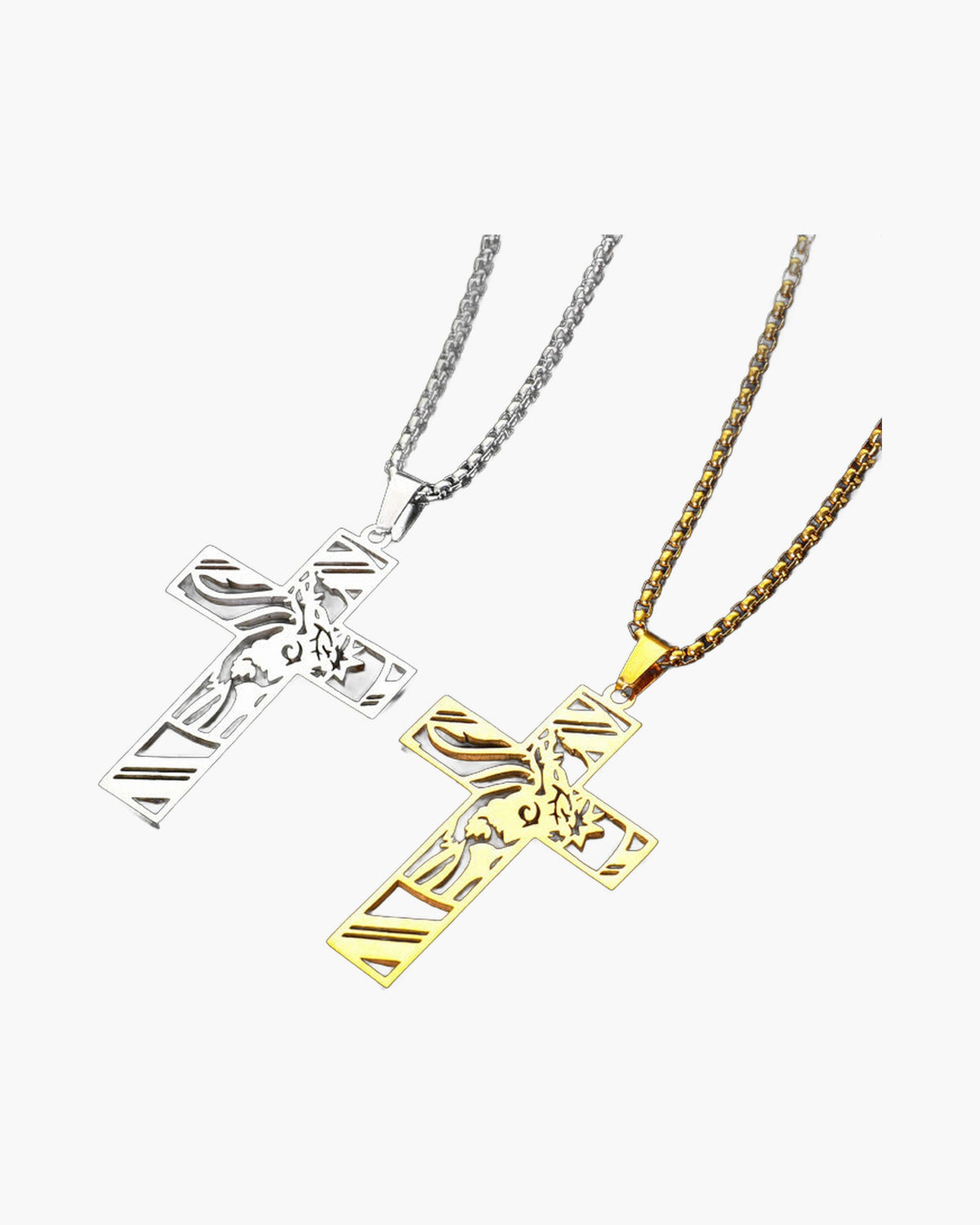 Hollow Cross Titanium Steel Pendant Necklace in silver and gold-tone finishes view 4