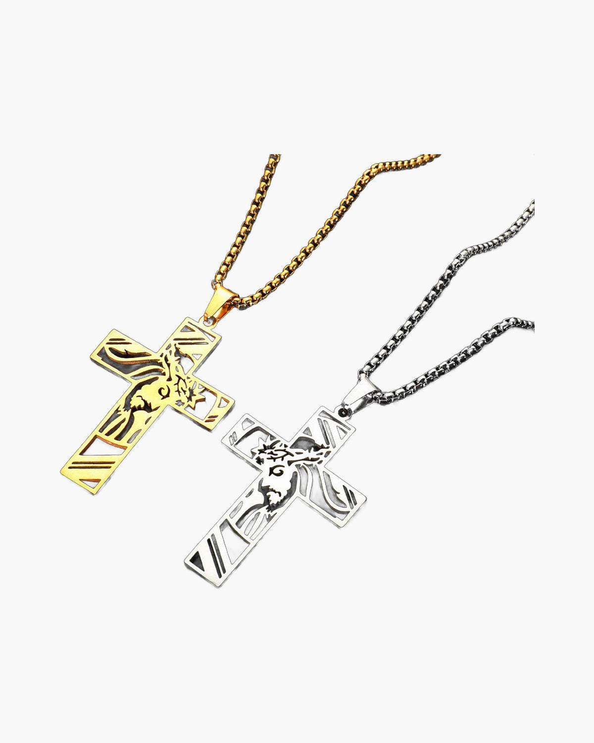 Hollow Cross Titanium Steel Pendant Necklace in silver and gold-tone finishes