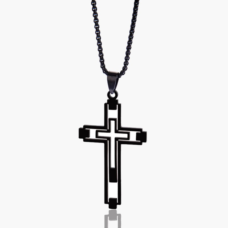 Hollow Geometric Cross Pendant Necklace, silver-tone on dark background view 6