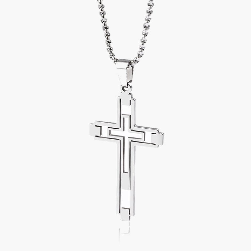 Hollow Geometric Cross Pendant Necklace, silver-tone on dark background view 5
