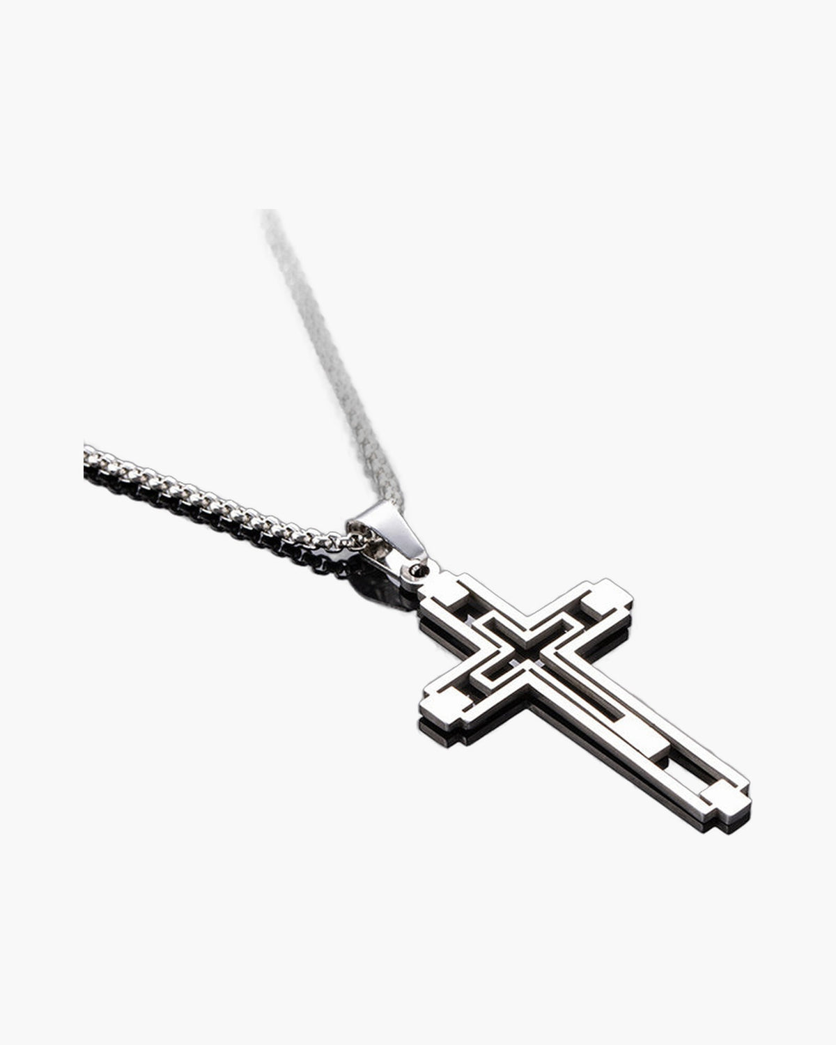 Hollow Geometric Cross Pendant Necklace, silver-tone on dark background view 4