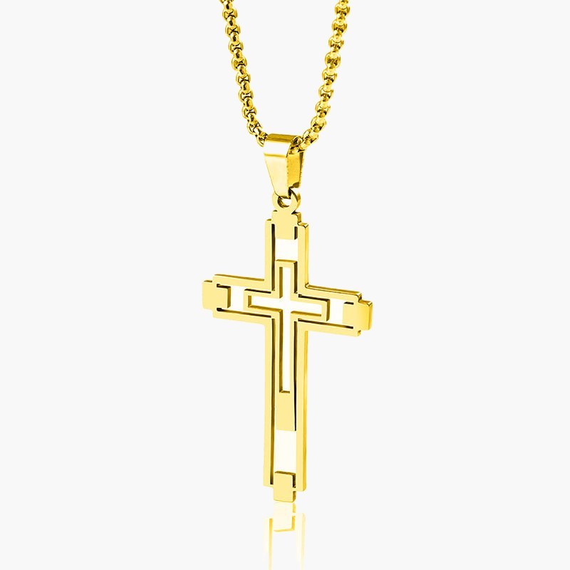 Hollow Geometric Cross Pendant Necklace, silver-tone on dark background view 7