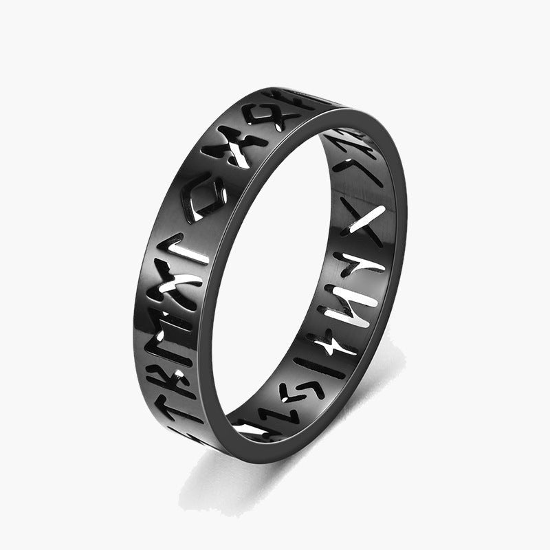 Hollow Rune Stainless Steel Band Ring in black finish view 2