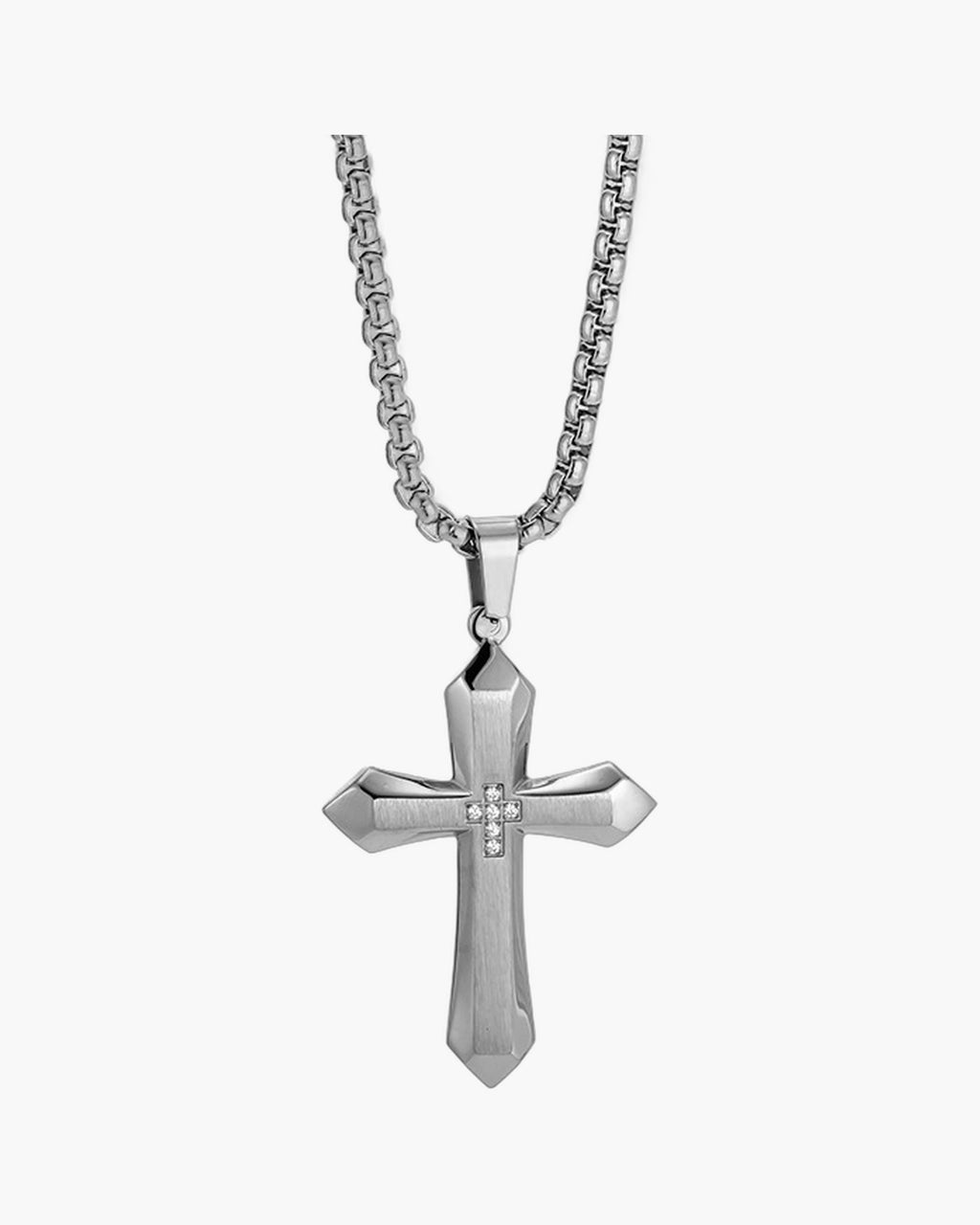 The Zircon Cross Pendant Necklace in Titanium Steel, Silver