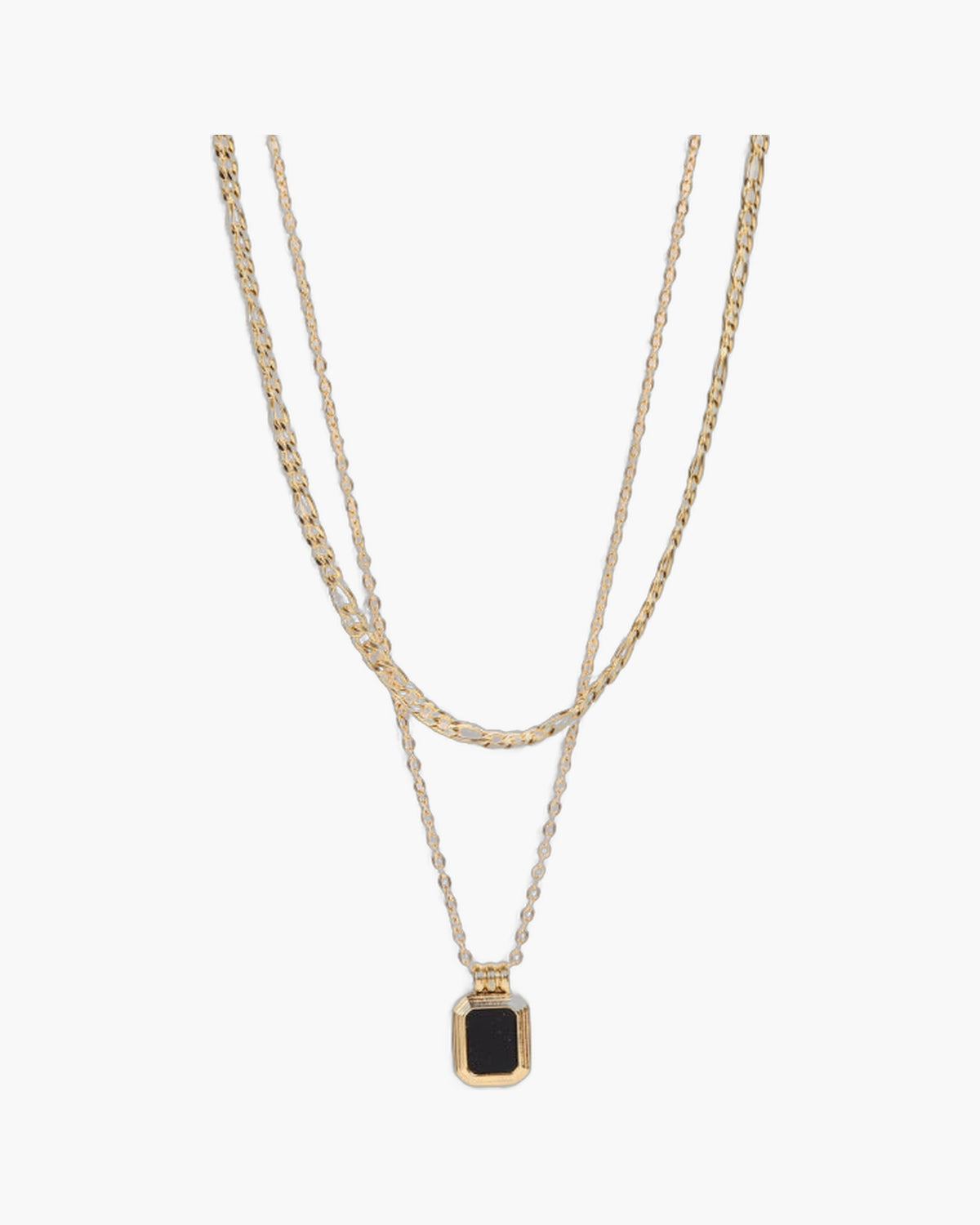 Layered Figaro Chain Square Pendant Necklace with black stone