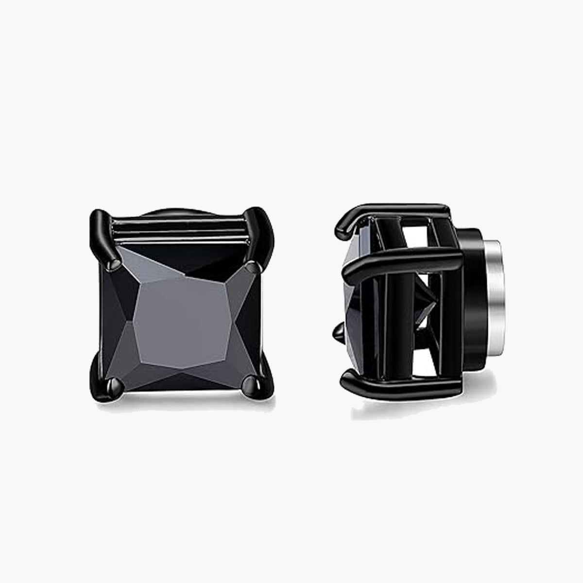 Magnetic Non-Pierced Stainless Steel Stud Earrings, black square CZ