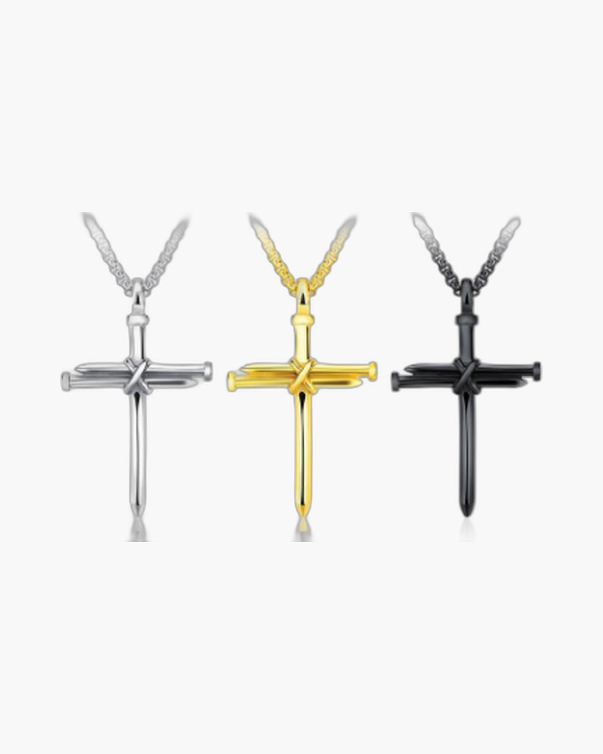Nail Cross Pendant Necklace in black, gold-tone, and silver-tone