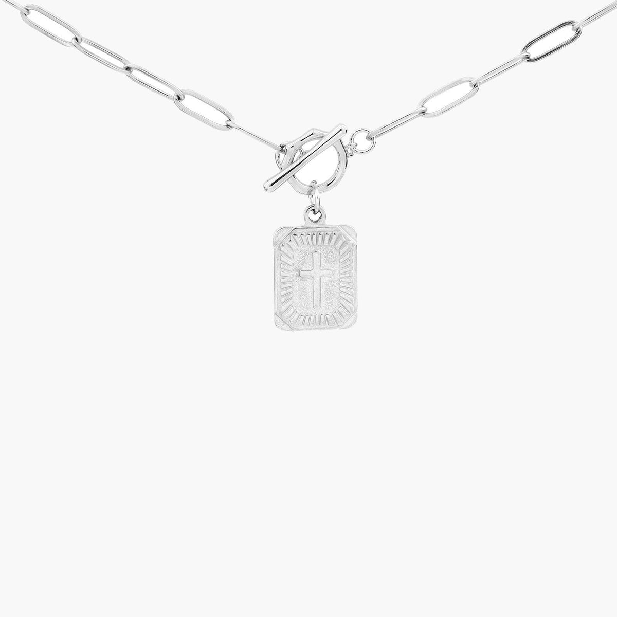 Paperclip Link Cross Tag Necklace silver-tone textured cross view 3