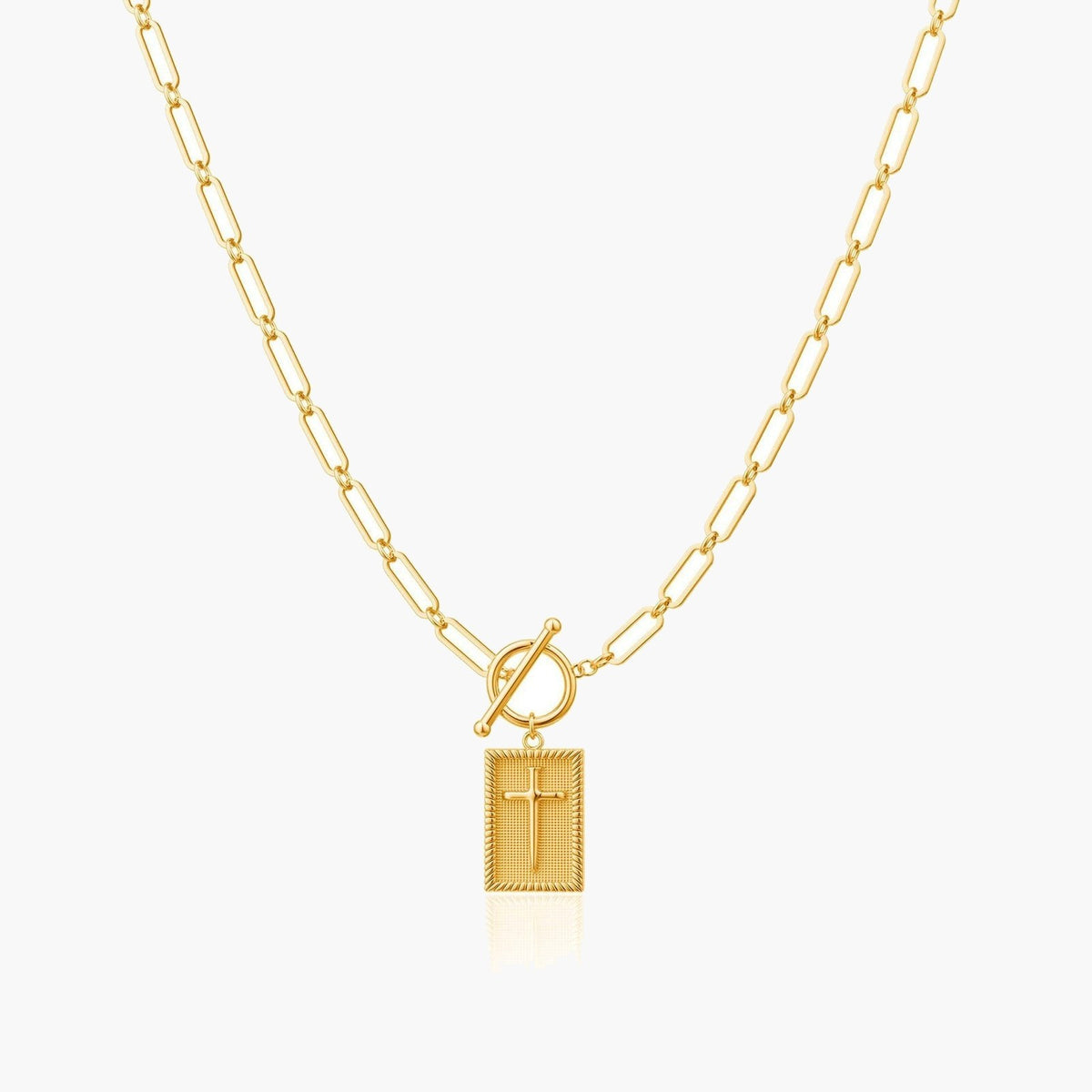 Paperclip Link Cross Tag Necklace silver-tone textured cross view 2