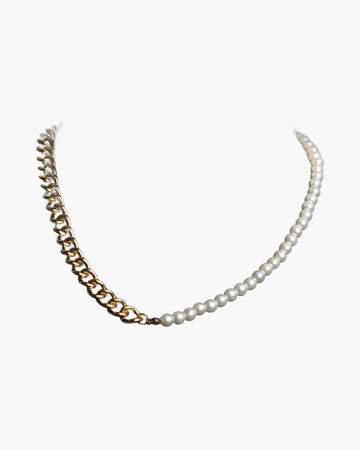The Half Pearl Cuban Chain Necklace in Titanium Steel