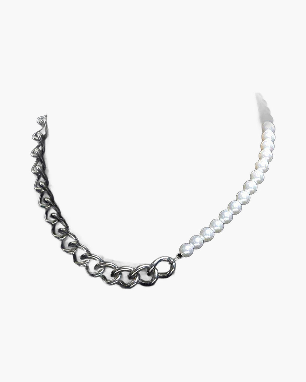 The Half Pearl Cuban Chain Necklace in Titanium Steel, Silver