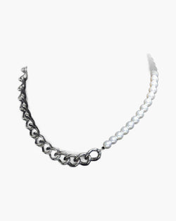 The Half Pearl Cuban Chain Necklace in Titanium Steel, Silver