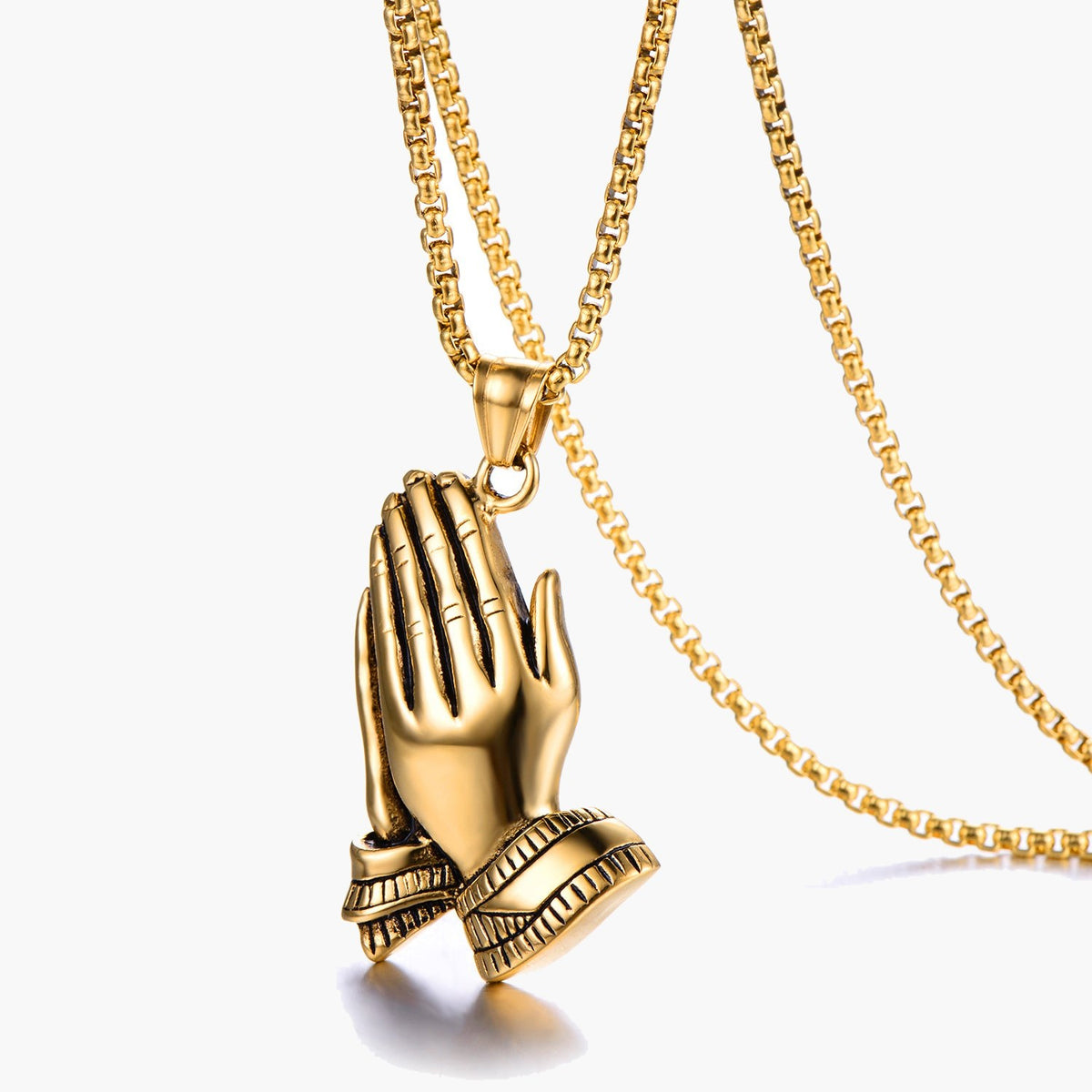 Praying Hands Pendant Necklace, gold-tone, square pearl chain